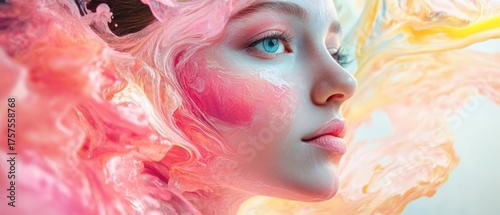Womans face in abstract pink and yellow paint swirls soft lighting smooth skin texture fluid composition