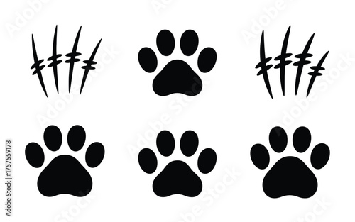 Set of animal paw prints and claw mark icons for pet or wildlife themes