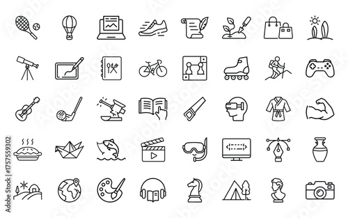 Collection of hand drawn icons representing hobbies and activities