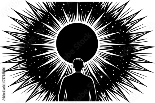 Silhouette of a person facing a radiant eclipse in a cosmic black and white scene