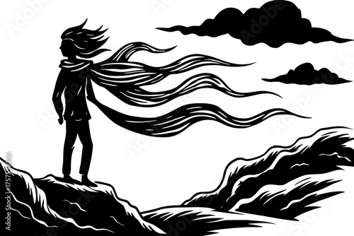 Silhouette of a person standing on a cliff with flowing hair and scarf blowing