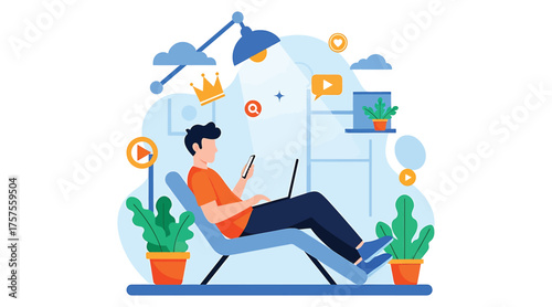 Vector art of a man in an orange shirt works on his laptop at home surrounded by plants and icons, he is focused on his work and enjoying the comfort of his home
