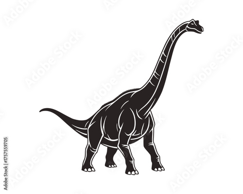 A black silhouette of a Brachiosaurus dinosaur with a long neck and tail, standing on four legs against a white background