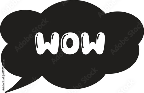 Black comic speech bubble with wow text, cartoon expression cloud in pop art style, bold hand drawn doodle design for surprise or reaction concept, isolated vector illustration on white background.