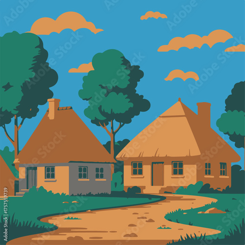 Idyllic Countryside Houses with Thatch Roofs and Verdant Scenery A Serene Rural Village Scene