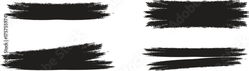 Set of black grunge brush stroke textures, hand-drawn paint lines with rough edges isolated on white background, abstract artistic design elements for poster, logo, or modern digital artwork.