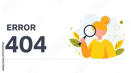 Vector art of page not found error 404 a woman with a magnifying glass is looking for a lost page on the internet website under construction