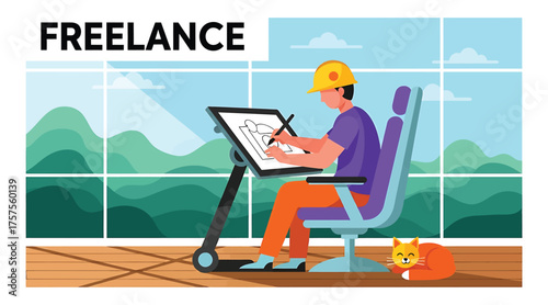 Vector art of freelance worker in helmet drawing blueprint on standing desk with cat concept of remote work, selfemployment, and flexible working arrangements