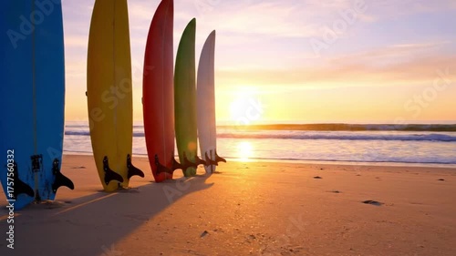Colorful surfboards standing on sandy beach with golden sunset