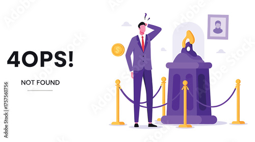 Illustration of a 404 error page not found concept with a man in a suit looking confused, website maintenance and broken link concept