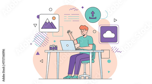 Vector art of young man working on laptop at desk with picture, upload and cloud icons freelancer working from home, online education, remote job, elearning concept