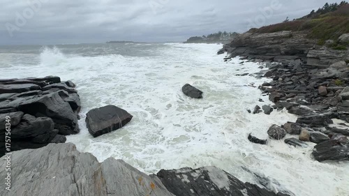 Sweeping View of the Rocky Maine Coast Stormy High Tide