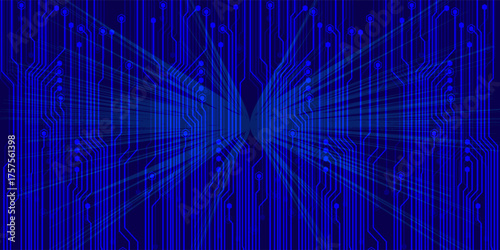 Abstract AI circuit board background. Technology connected blue lines with electronics elements on tech bg. Computer motherboard with a chip, processor, and semiconductor.