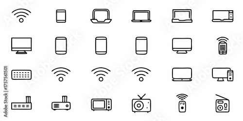 Stay Connected Seamlessly with this Black and White Technology Icon Set, Featuring Modern Devices and Network Symbols for a Digital Lifestyle and Enhanced Communication Platforms