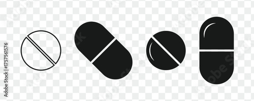 Set of medicine capsule and pill, vector illustration.