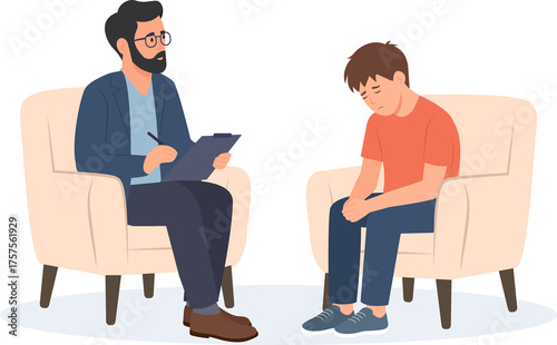 Male teenager patient talks with male psychologist. Psychotherapy session. Teen problems. Mental health. Vector flat illustration isolated on the white background.