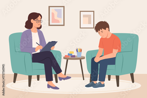 Sad teenager patient talks with female psychologist. Psychotherapy session. Teen problems. Mental health. Vector flat illustration isolated on the white background.