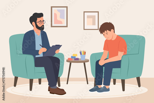 Sad teenager patient talks with male psychologist. Psychotherapy session. Teen problems. Mental health. Vector flat illustration isolated on the white background.