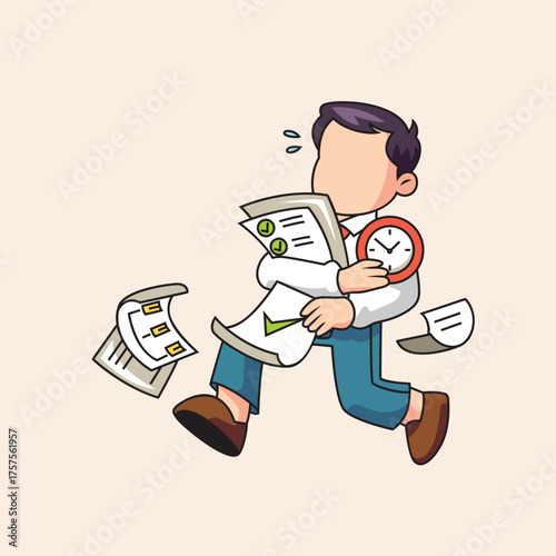Busy Businessman Rushing with Papers and Clock