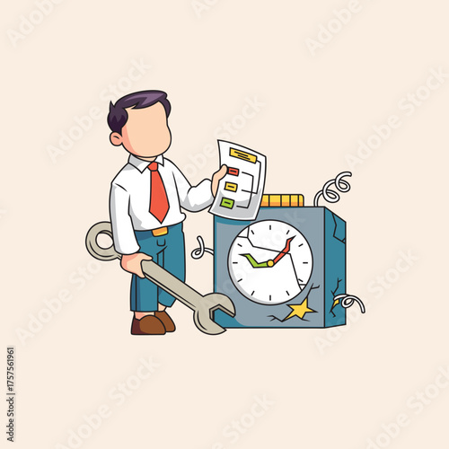 Businessman Planning Machine Repair and Time Management with Wrench and Checklist