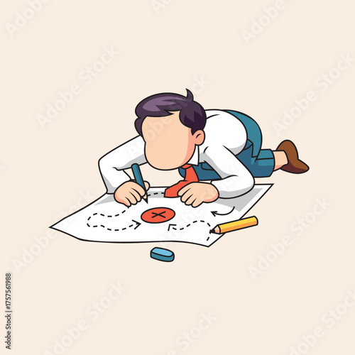 Cartoon businessman character meticulously drawing a strategic plan and business roadmap on the floor
