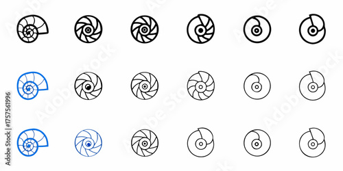 Captivating collection of nautilus shell and aperture icons offering elegant simplicity for modern design projects and scientific presentations