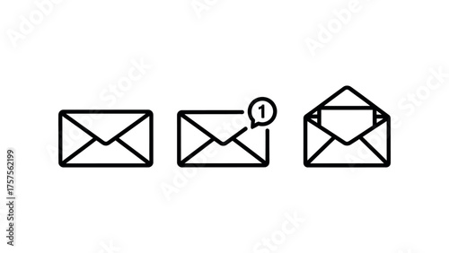 Three Email Envelope Icons with Notification Keywords: email, envelope, message, communication