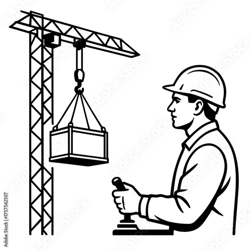 Crane operator lifting load with a concentrated expression in a minimalistic black and white style 