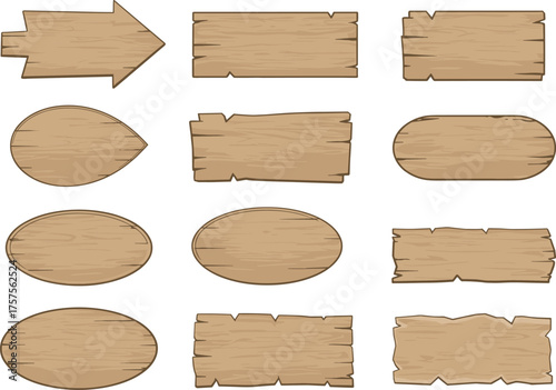Set of twelve wooden signboards, rustic signage, oval and rectangular shapes, textured wood planks, vector icons, game UI, design elements