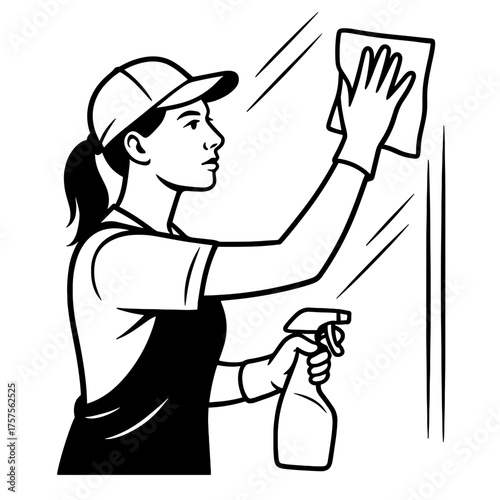 Cleaner wiping window with a determined expression in a minimalistic black and white style