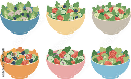 Set of six salad bowls, healthy vegetable mix, colorful ingredients, leafy greens, cucumber, tomato, blueberry, mushroom, diet food vector illustration