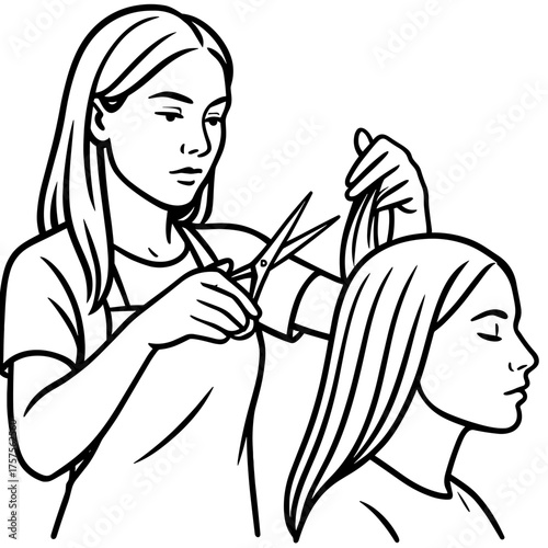 Hairdresser cutting hair with a focused expression in a minimalistic black and white style 