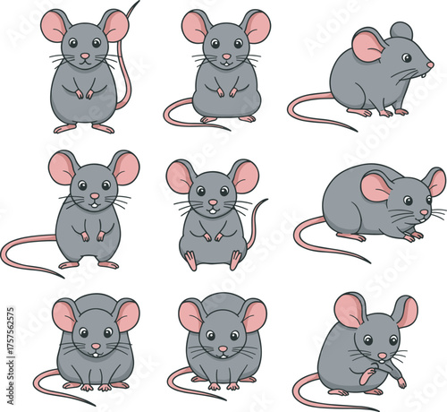 Set of ten cartoon mice, gray rodents, pink ears and tails, cute animal poses, vector illustration, playful expressions, children’s character design
