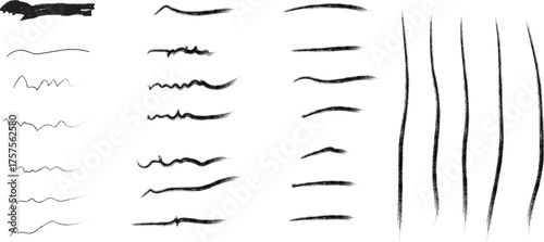Collection of abstract black brush stroke textures and lines on a white background for graphic design elements