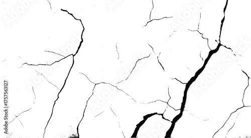A black and white vintage of a cracked wall, cracked white paint on a white background. Vector illustration.