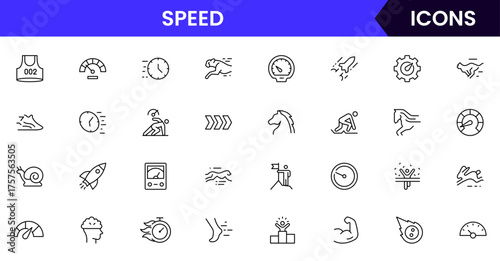 Speed vector web line icon collection, sleek illustrations of velocity, timers, dashes, high-energy designs.