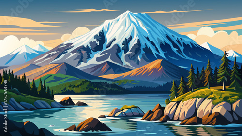 Very beautiful snow-covered Mt. Edgecumbe volcano with rocky shoreline at Sitka, Alaska, USA, featuring rugged volcanic peaks, icy slopes, and calm coastal waters, capturing the dramatic natural 