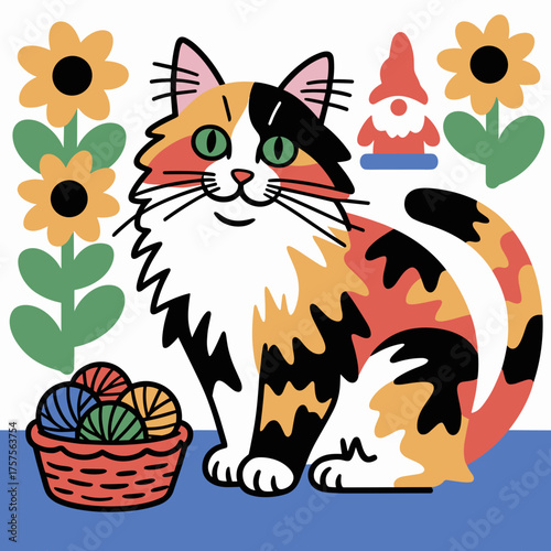 Calico cat on windowsill overlooking garden – Perfect for summer lifestyle, pet relaxation, or home tranquility themes