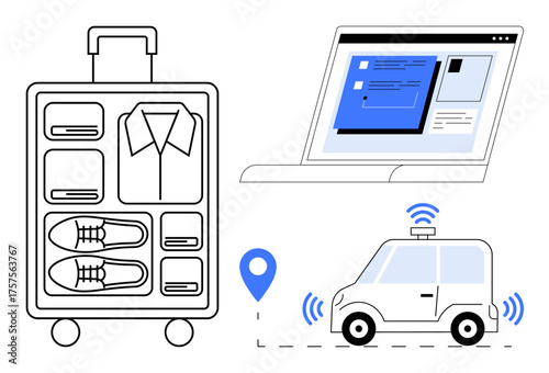 Packaged travel essentials in luggage, digital itinerary on a laptop, self-driving car with real-time navigation. Ideal for travel planning, tech innovation, logistics, mobility, navigation, tourism