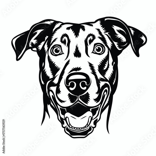 Black and white outline of dog head with open mouth and floppy ears – Ideal for pet shop branding, dog training logos, or playful illustration