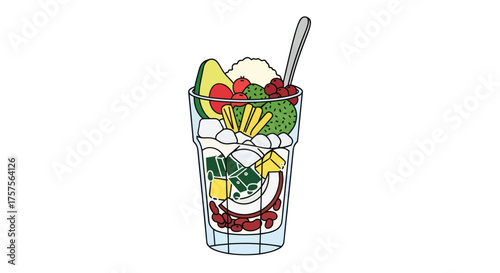 Refreshing Glass of Halo-Halo Dessert with Spoon.