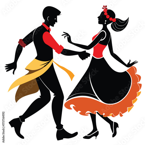 Silhouette couple dancing Latin style, passionate dance, vector illustration art
