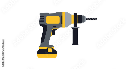 Cordless Power Drill with Auxiliary Handle and Battery Pack.
