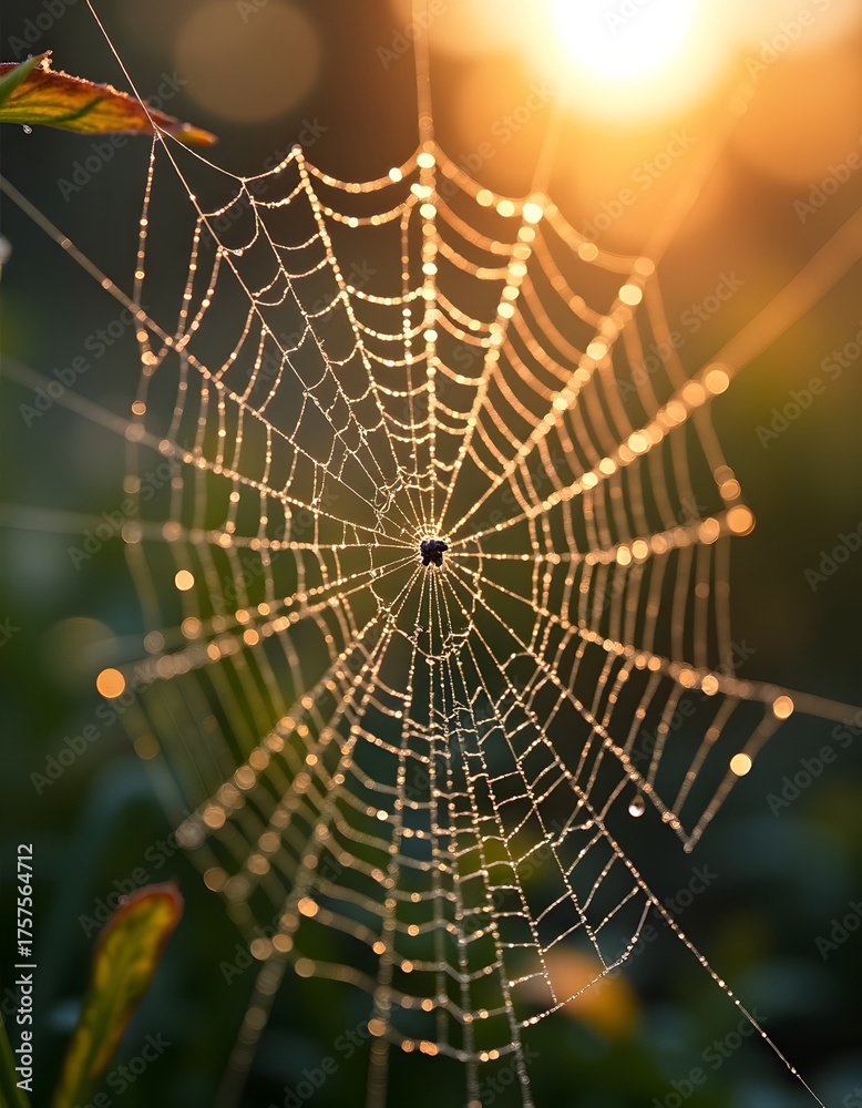 Naklejka premium Spider web glistening in the morning sun with water droplets
