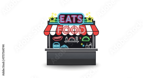 Vibrant Neon Food Stall Illustration with EATS and FOOD Signs.