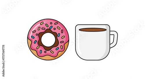 Pink Frosted Donut with Sprinkles and a White Coffee Mug Illustration.