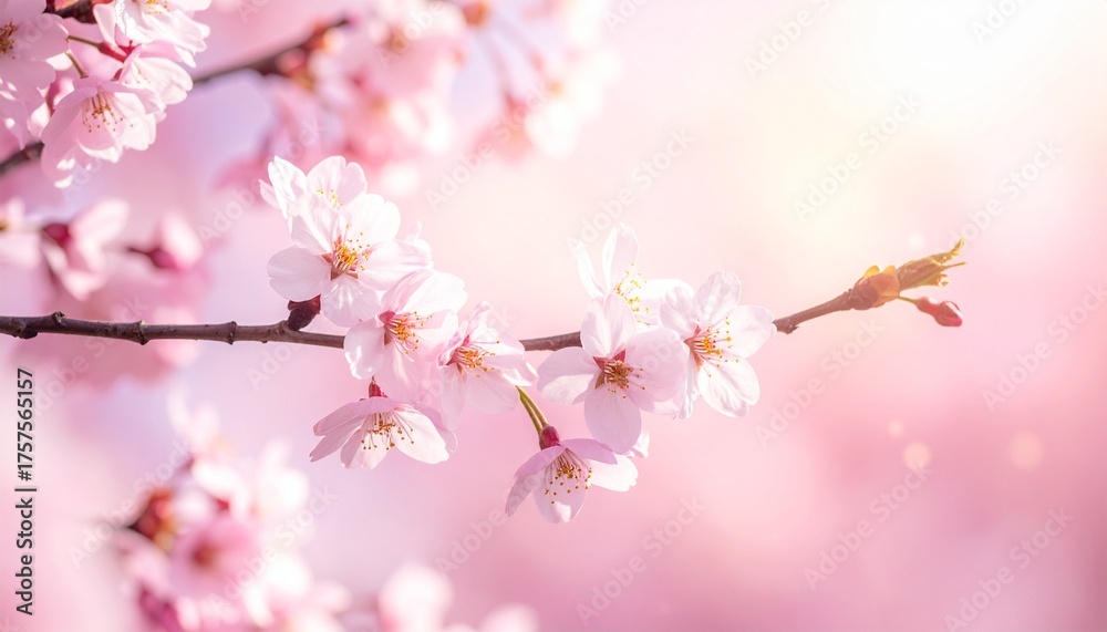 Naklejka premium A delicate branch of blooming cherry blossoms bathed in soft, ethereal sunlight, evoking a sense of springtime beauty and tranquility