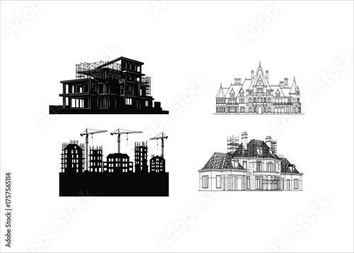 Diverse Architectural Styles Construction Sites and Elegant House Designs