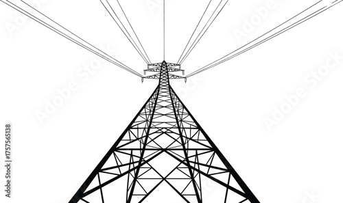 High voltage transmission tower perspective, electricity pylon lattice structure, power grid engineering, industrial energy infrastructure, blue sky contrast, geometric symmetry