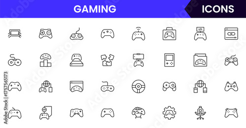 Gaming vector web line icon collection, sleek illustrations of controllers, headsets, consoles, virtual reality for immersive, dynamic designs.